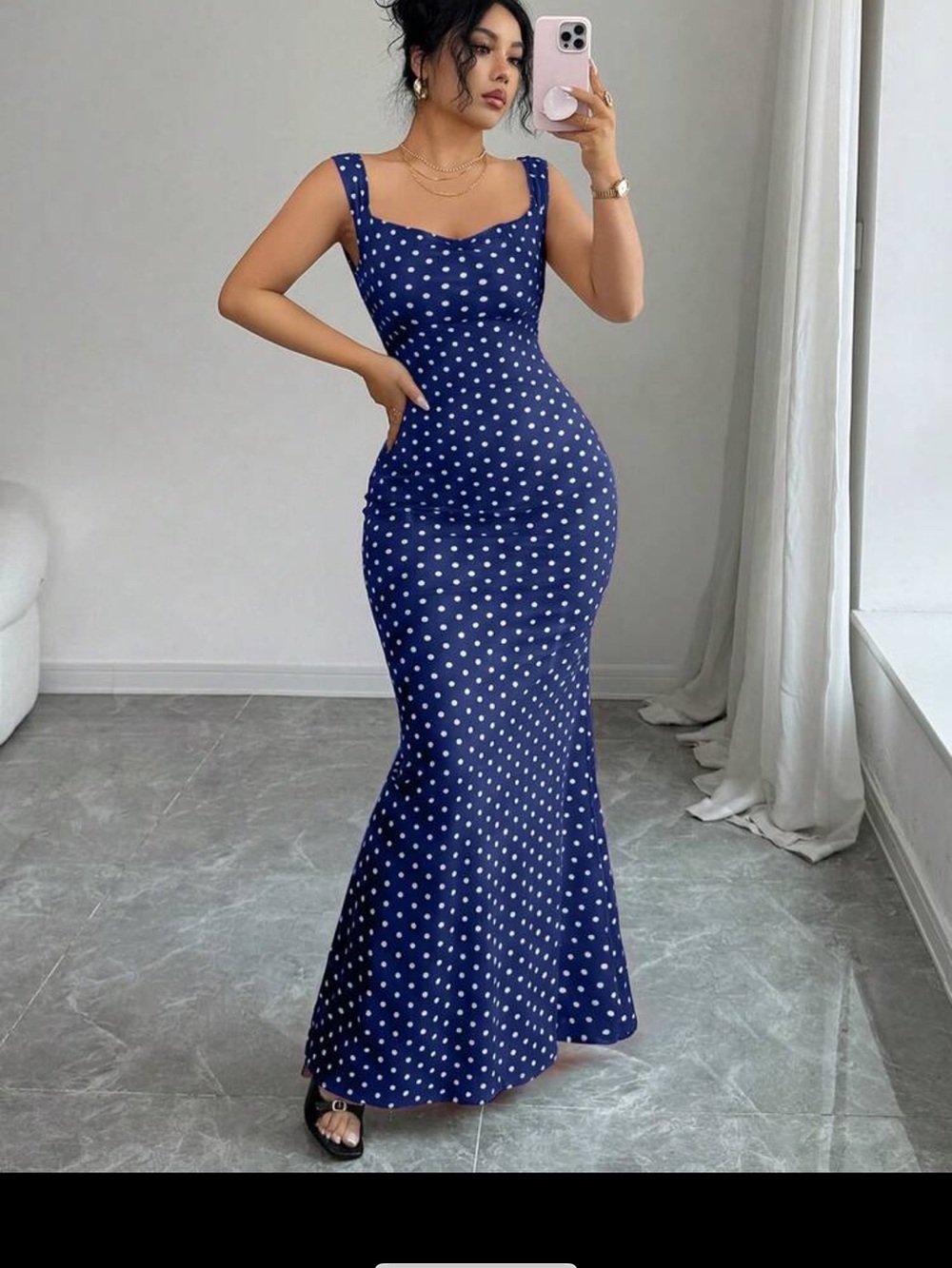 Navy Polka Dot Maxi Dress - Sleeveless Fitted Mermaid Silhouette